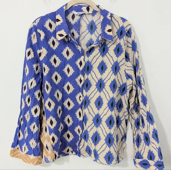 Zara Ikat Print Button Front Shirt Collared Mixed Print Western Blue White XL - Picture 1 of 8